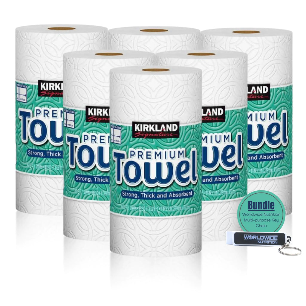 Worldwide Nutrition Bundle Compatible with Kirkland Premium Paper Towels Strong Thick and Absorbent Bulk Paper Towels 6 Rolls 160 Sheets Per Roll 2-Ply and Multi-Purpose Key Chain White