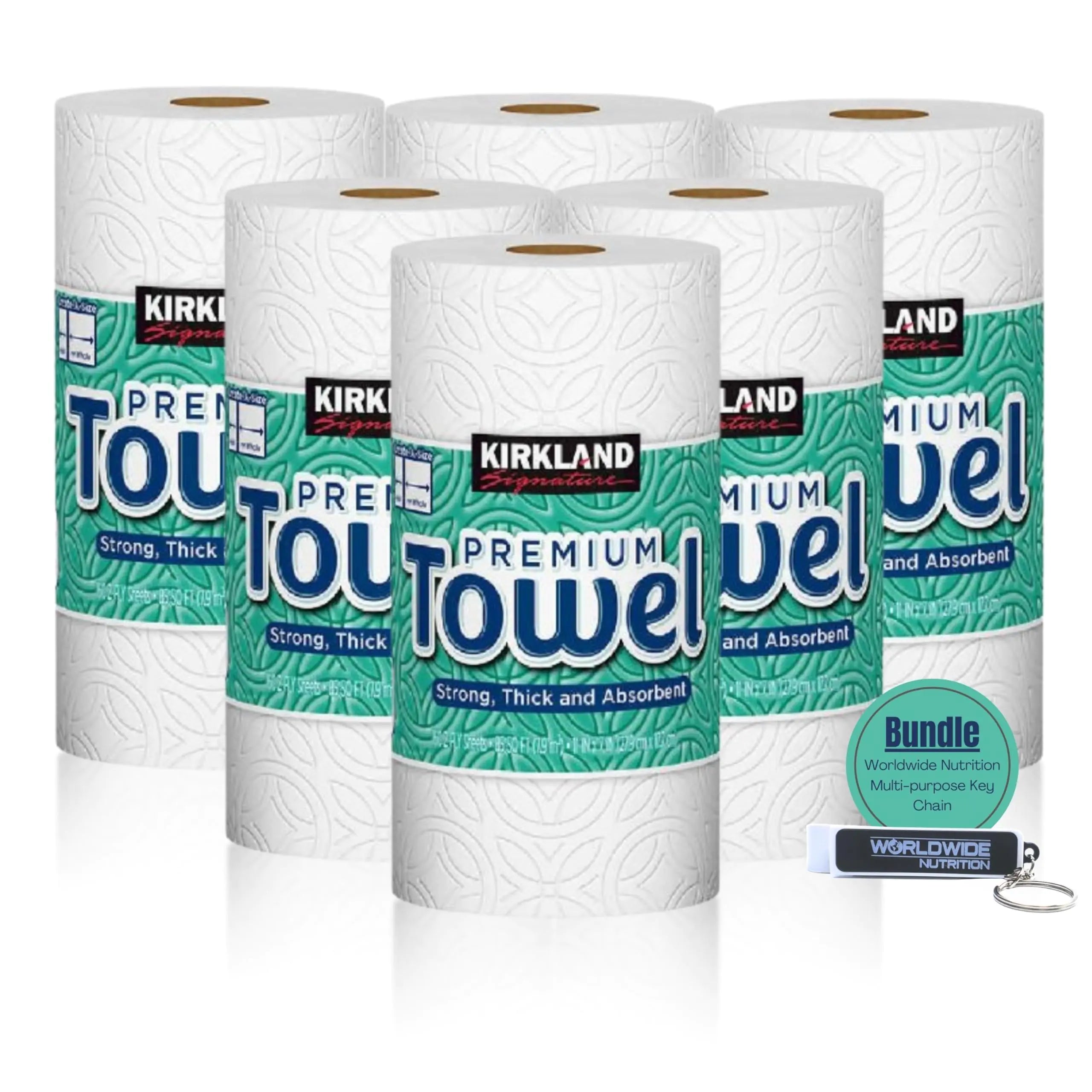 Worldwide Nutrition Bundle Compatible with Kirkland Premium Paper Towels Strong Thick and Absorbent Bulk Paper Towels 6 Rolls 160 Sheets Per Roll 2-Ply and Multi-Purpose Key Chain White
